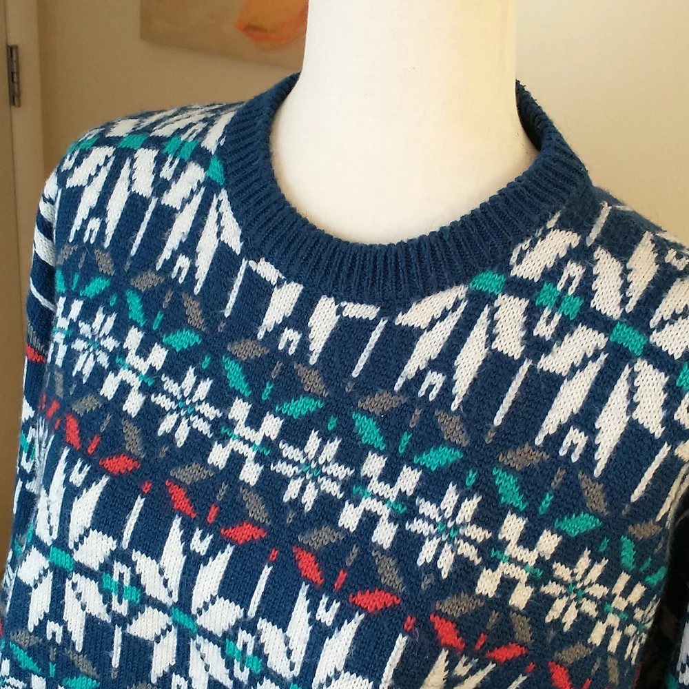 Vintage sweater wool blend crew neck navy blue white snow ski pattern size M - Picture 2 of 7